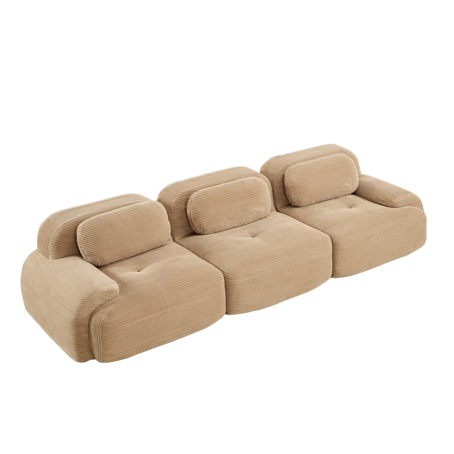 Camel corduroy boneless sectional, 3-seat layout, 45 degree view on a white background — Camel / 3-Seat