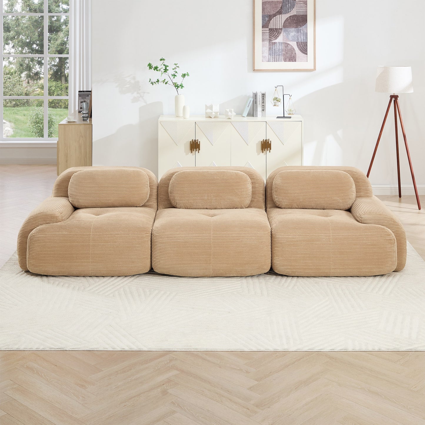 Camel corduroy boneless sectional, 3-seat layout, straight on view in a living room — Camel / 3-Seat