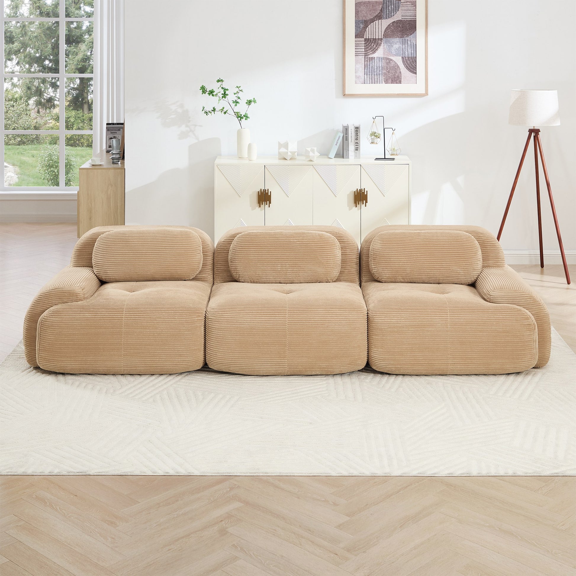 Camel corduroy boneless sectional, 3-seat layout, straight on view in a living room — Camel / 3-Seat