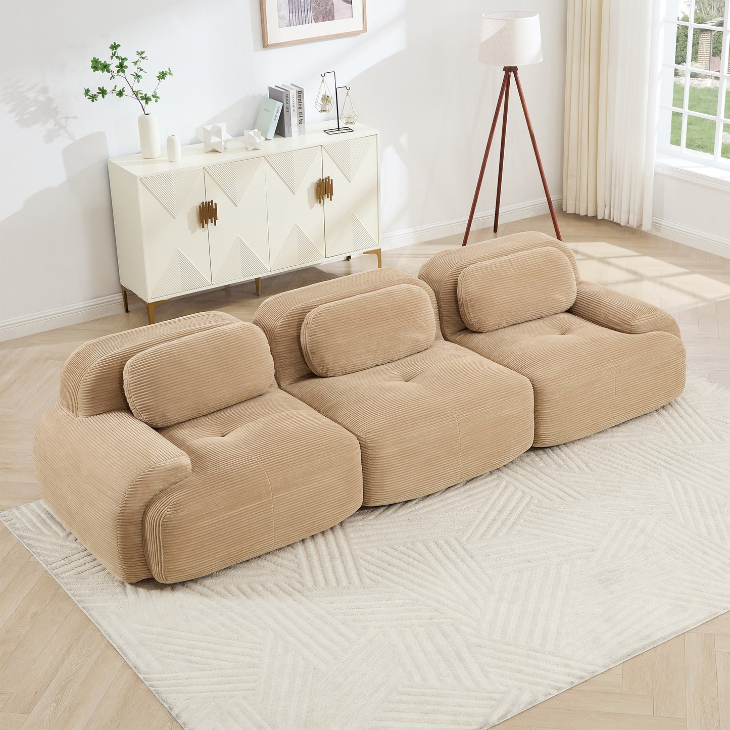 Camel corduroy boneless sectional, 3-seat layout, angled view in a bright living room — Camel / 3-Seat