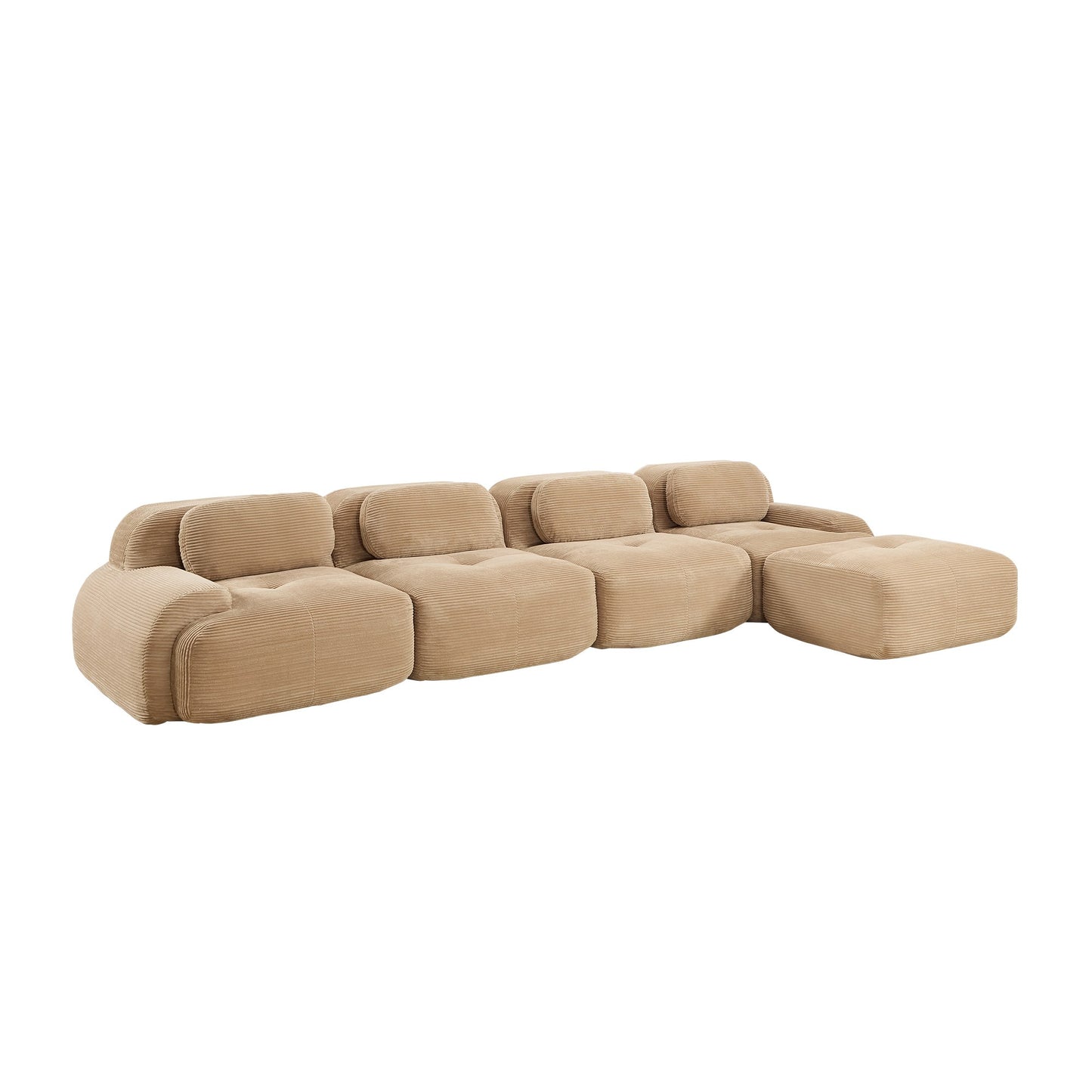 Camel corduroy boneless sectional, 4-seat with one ottoman layout, 45 degree view on a white background — Camel / 4-Seat + 1 Ottoman