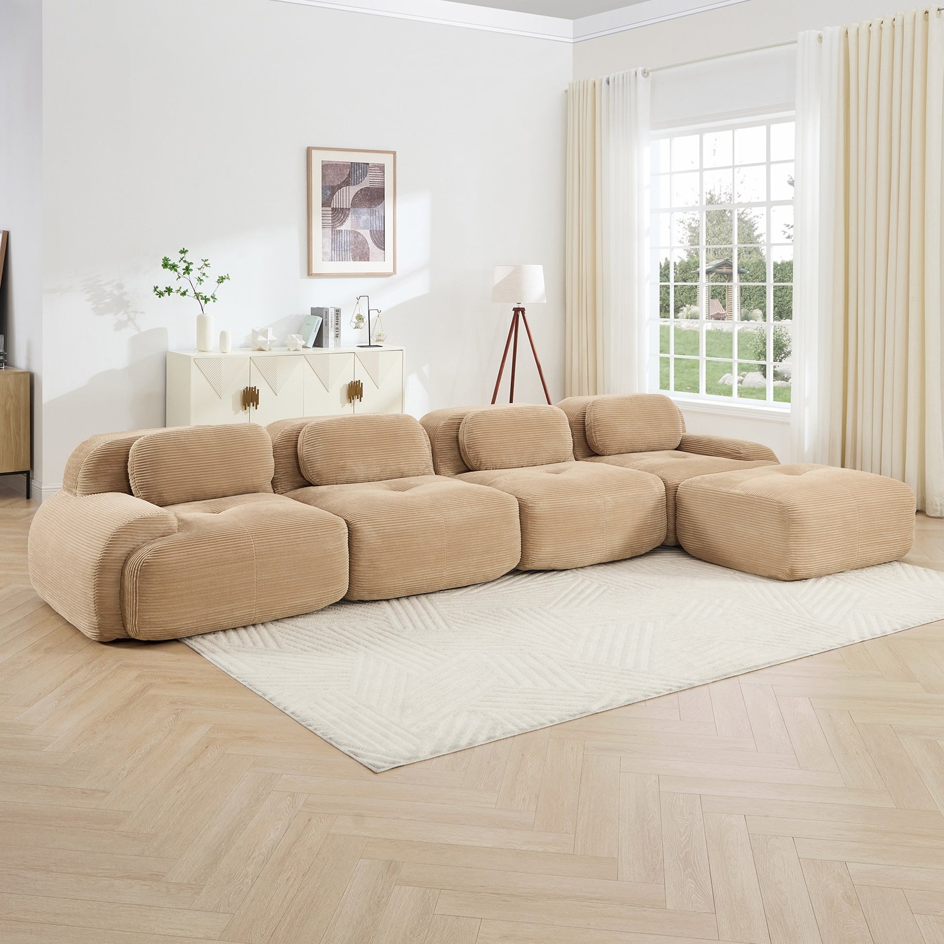 Camel corduroy boneless sectional, 4-seat with one ottoman layout, straight on view in a living room — Camel / 4-Seat + 1 Ottoman