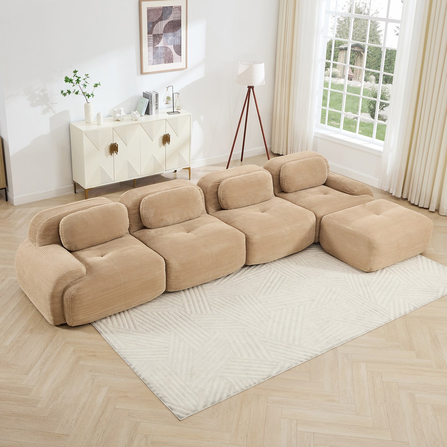 Camel corduroy boneless sectional, 4-seat with one ottoman layout, angled view in a bright living room — Camel / 4-Seat + 1 Ottoman