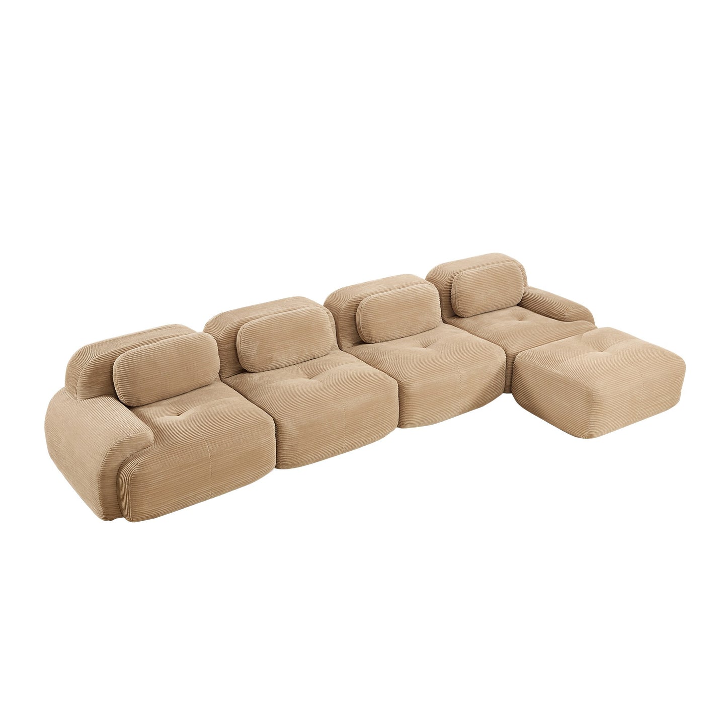 Camel corduroy boneless sectional, 4-seat with one ottoman layout, second view on a white background — Camel / 4-Seat + 1 Ottoman