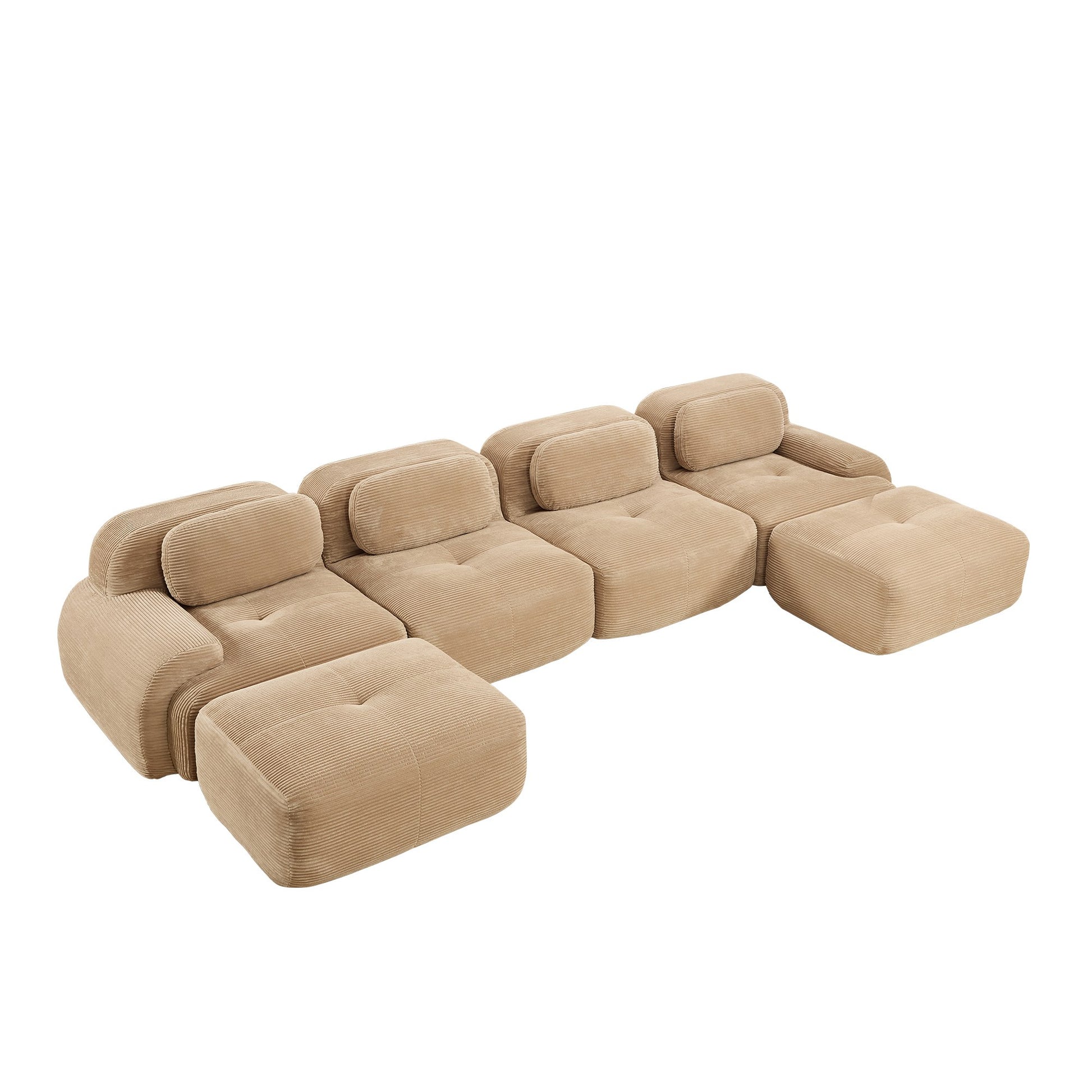 Camel corduroy boneless sectional, 4-seat with two ottomans layout, 45 degree view on a white background — Camel / 4-Seat + 2 Ottomans