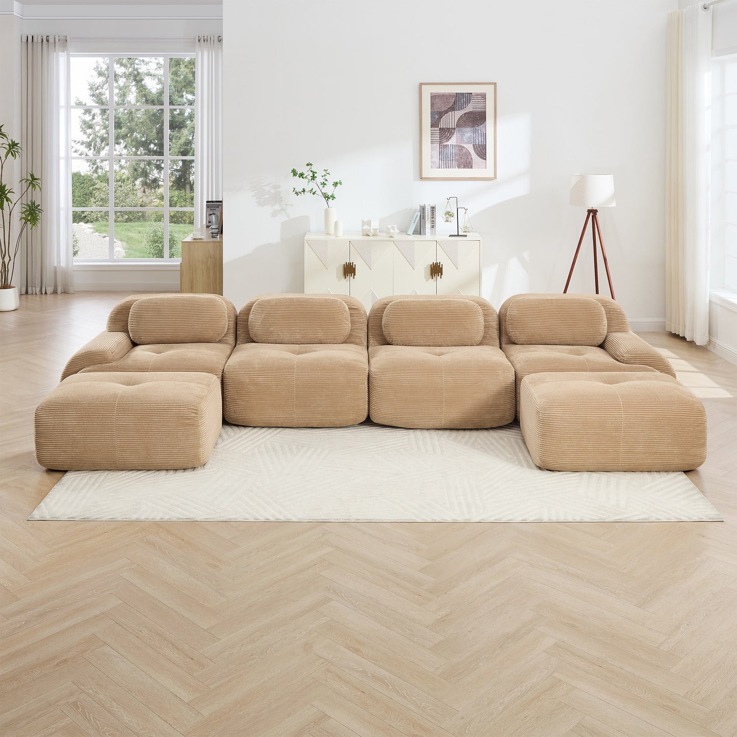 Camel corduroy boneless sectional, 4-seat with two ottomans layout, straight on view in a living room — Camel / 4-Seat + 2 Ottomans