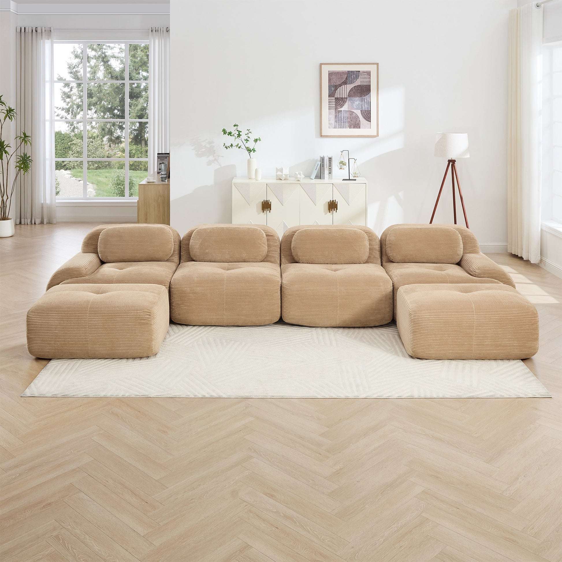 Camel corduroy boneless sectional, 4-seat with two ottomans layout, straight on view in a living room — Camel / 4-Seat + 2 Ottomans