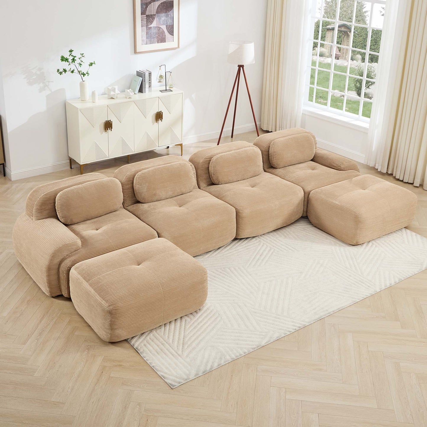 Camel corduroy boneless sectional, 4-seat with two ottomans layout, angled view in a bright living room — Camel / 4-Seat + 2 Ottomans