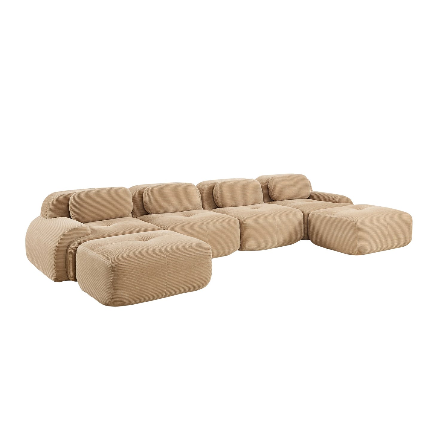 Camel corduroy boneless sectional, 4-seat with two ottomans layout, second view on a white background — Camel / 4-Seat + 2 Ottomans