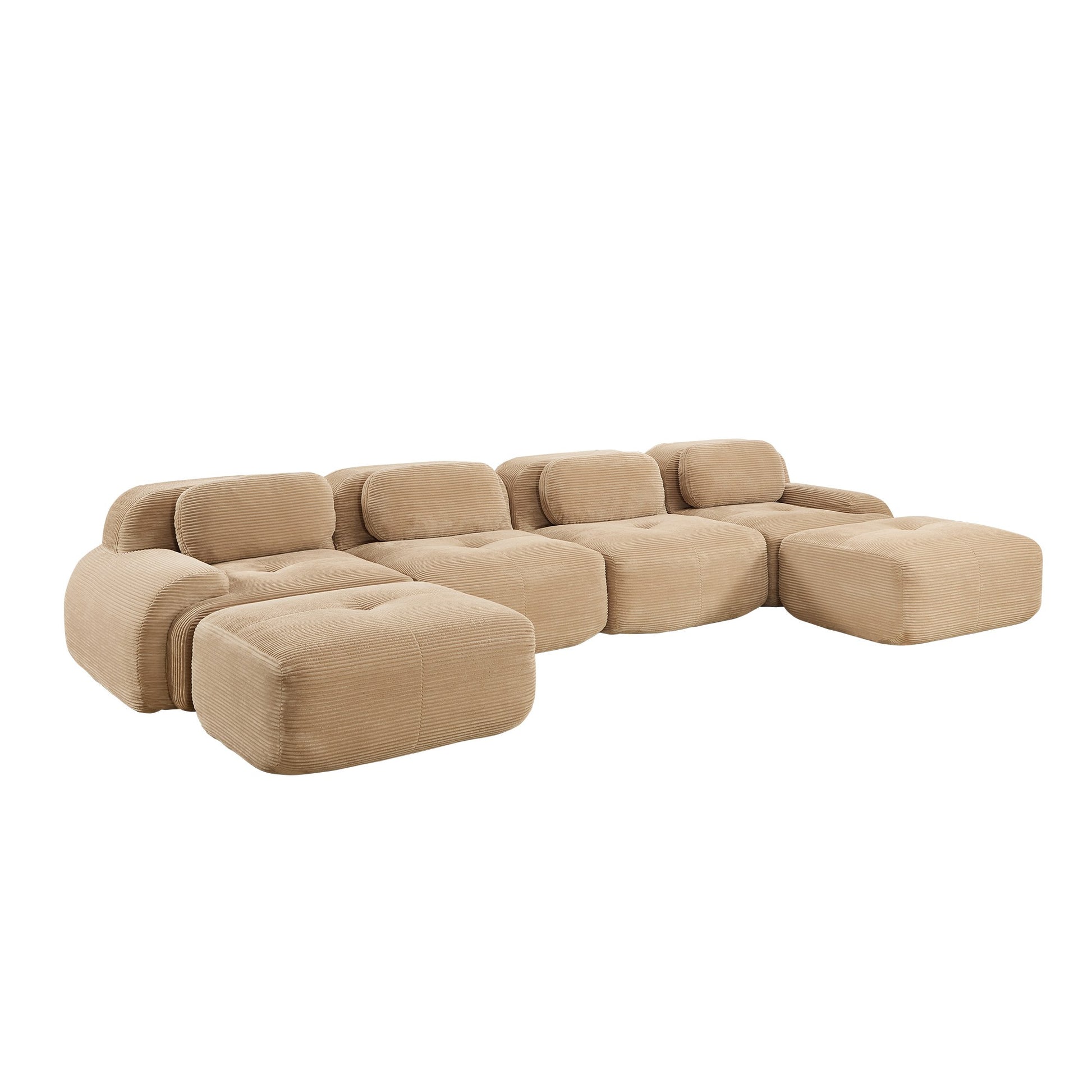 Camel corduroy boneless sectional, 4-seat with two ottomans layout, second view on a white background — Camel / 4-Seat + 2 Ottomans