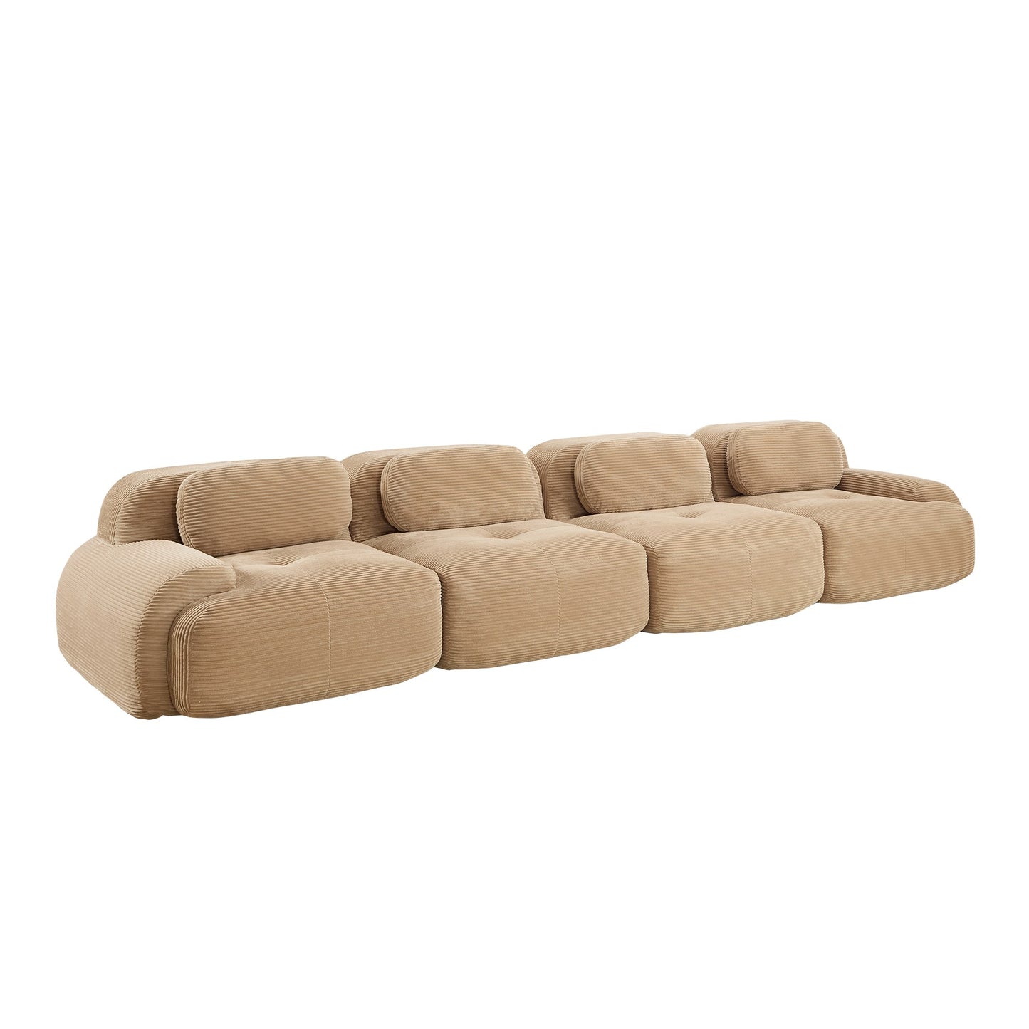 Camel corduroy boneless sectional, 4-seat layout, 45 degree view on a white background — Camel / 4-Seat