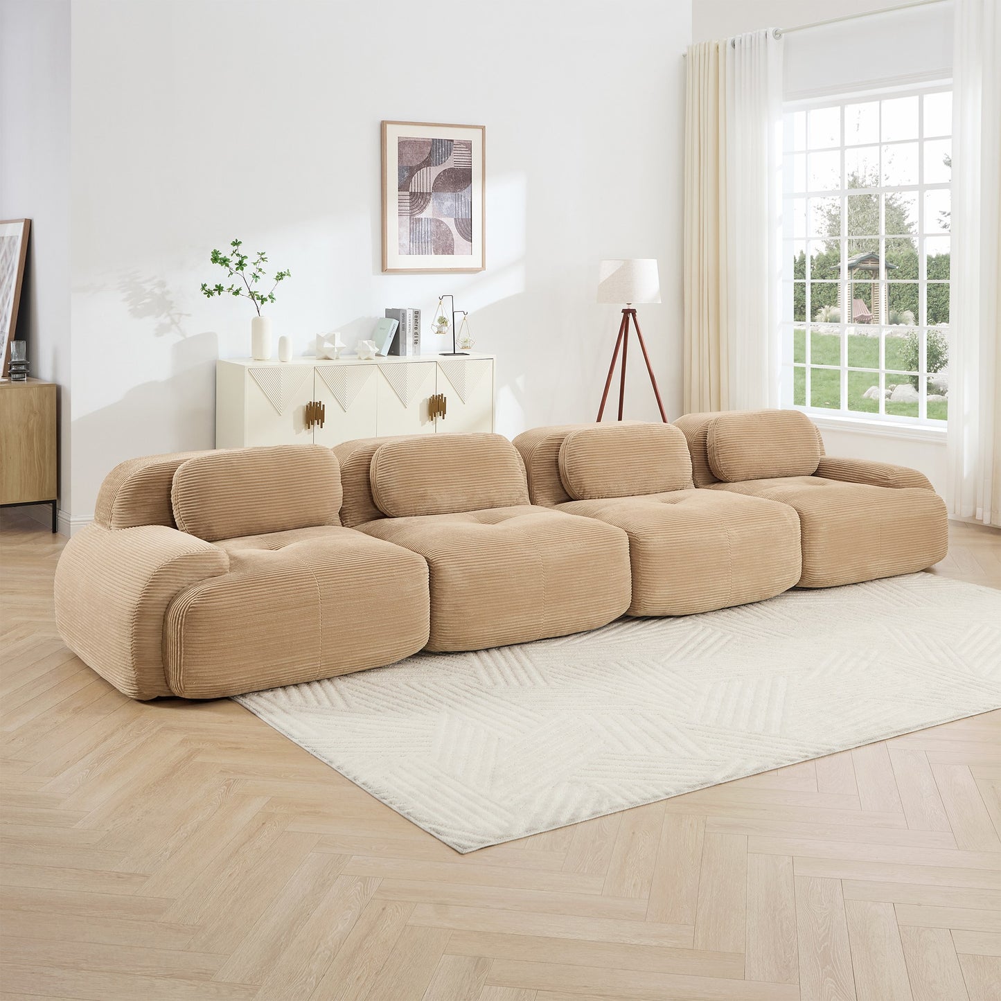 Camel corduroy boneless sectional, 4-seat layout, straight on view in a living room — Camel / 4-Seat