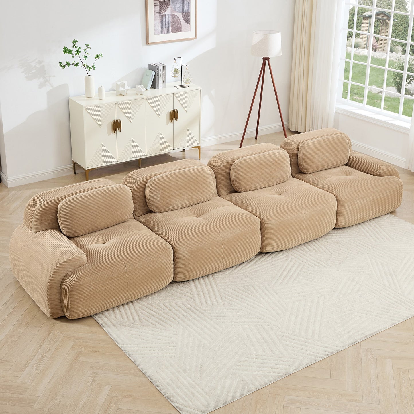 Camel corduroy boneless sectional, 4-seat layout, angled view in a bright living room — Camel / 4-Seat