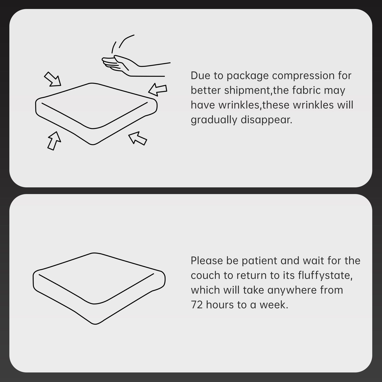 Line drawing explaining that compression wrinkles relax within 72 hours to one week