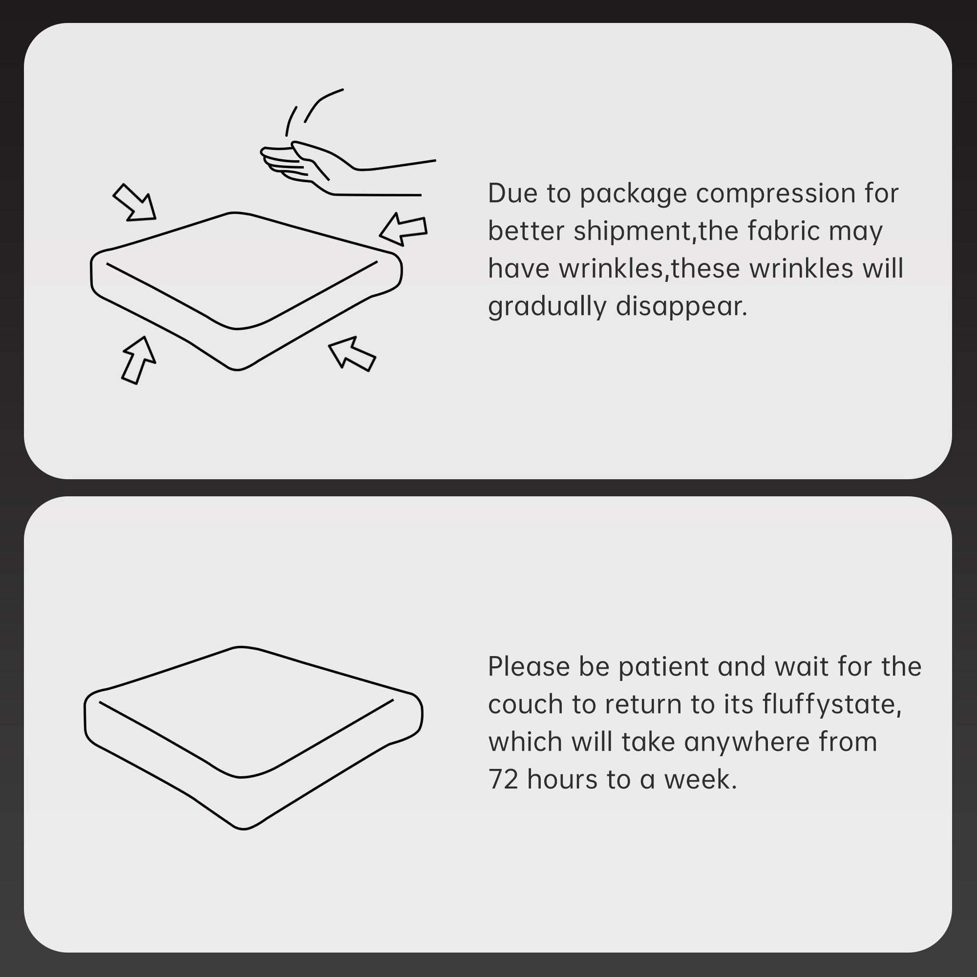 Line drawing explaining that compression wrinkles relax within 72 hours to one week