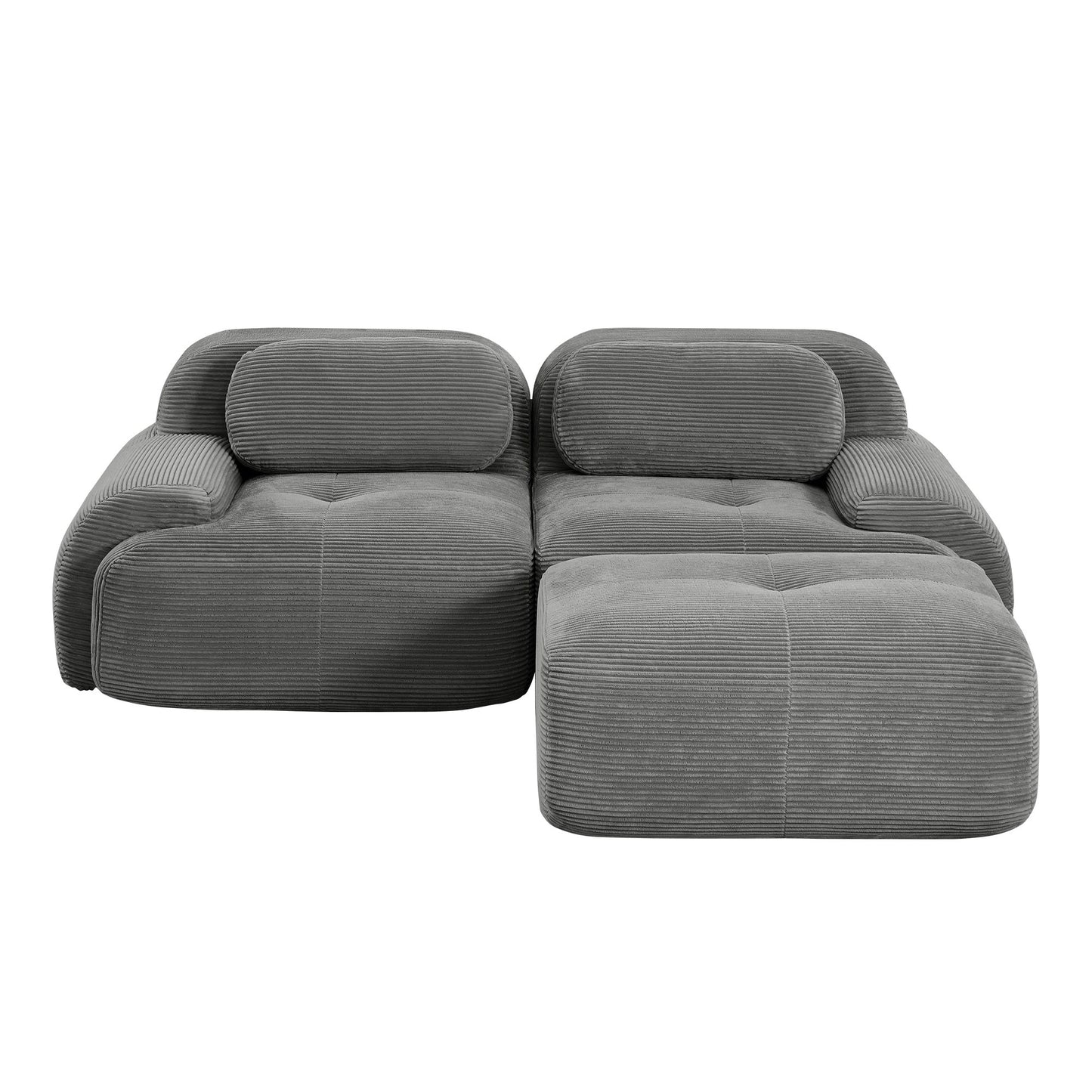 Grey corduroy boneless sectional, 2-seat with one ottoman layout, 45 degree view on a white background — Grey / 2-Seat + 1 Ottoman