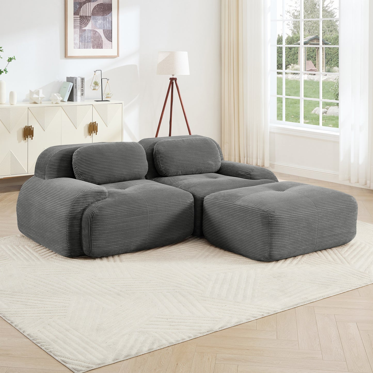 Grey corduroy boneless sectional, 2-seat with one ottoman layout, straight on view in a living room — Grey / 2-Seat + 1 Ottoman