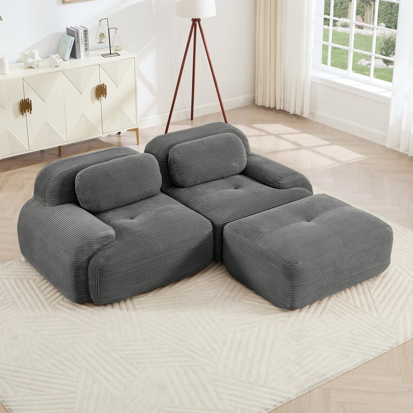 Grey corduroy boneless sectional, 2-seat with one ottoman layout, angled view in a bright living room — Grey / 2-Seat + 1 Ottoman