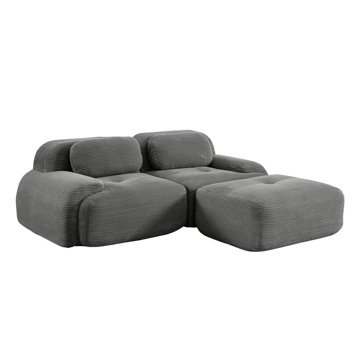 Grey corduroy boneless sectional, 2-seat with one ottoman layout, second view on a white background — Grey / 2-Seat + 1 Ottoman