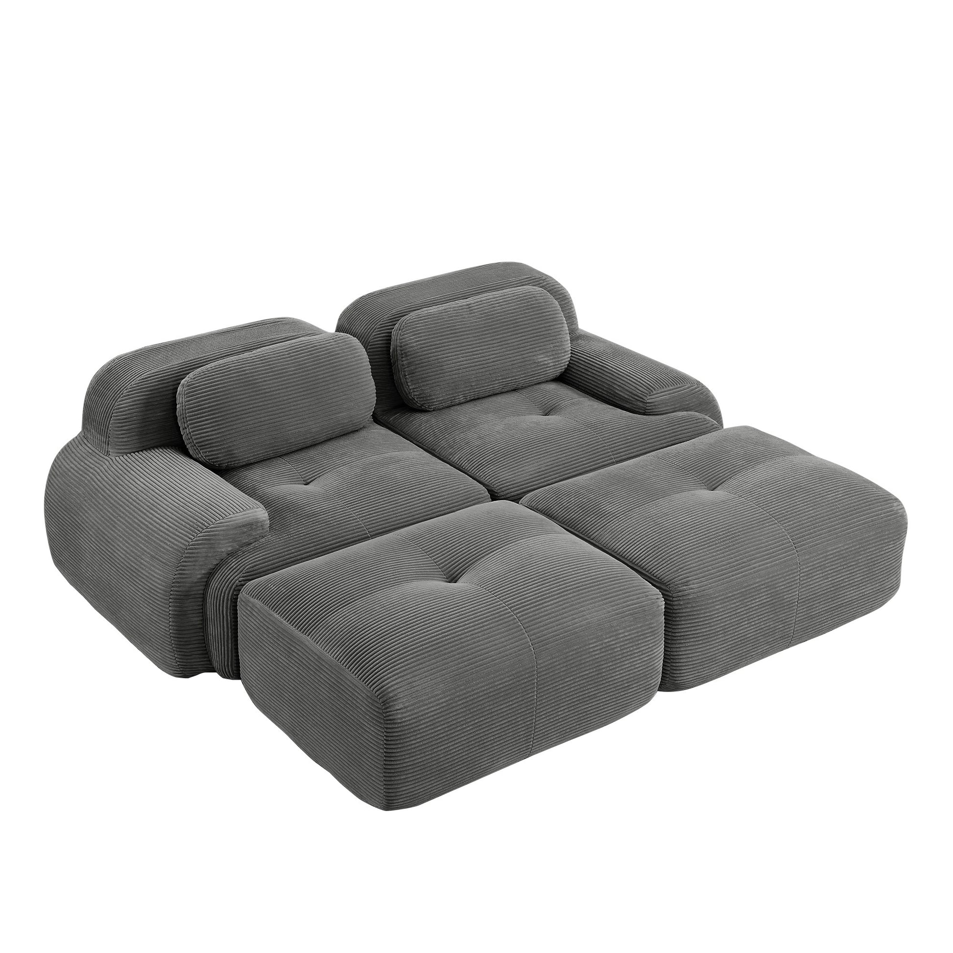 Grey corduroy boneless sectional, 2-seat with two ottomans layout, 45 degree view on a white background — Grey / 2-Seat + 2 Ottomans