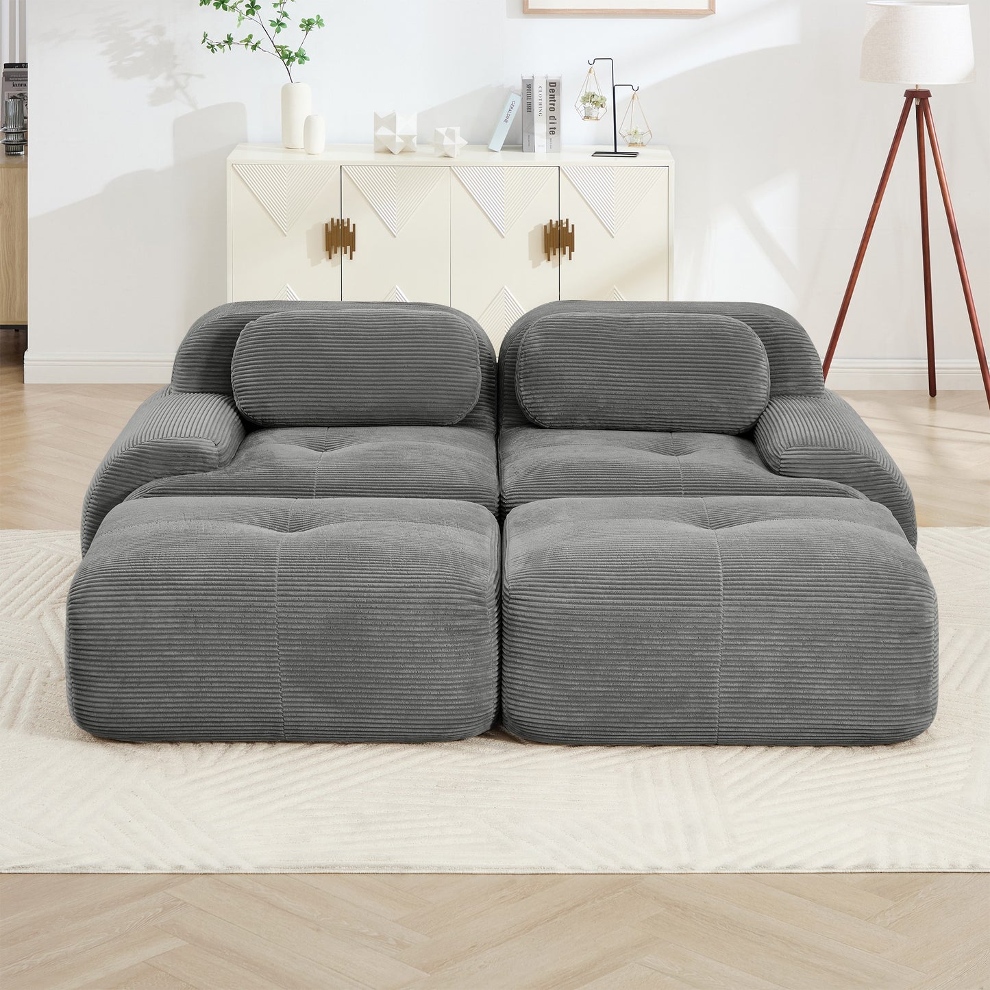 Grey corduroy boneless sectional, 2-seat with two ottomans layout, straight on view in a living room — Grey / 2-Seat + 2 Ottomans