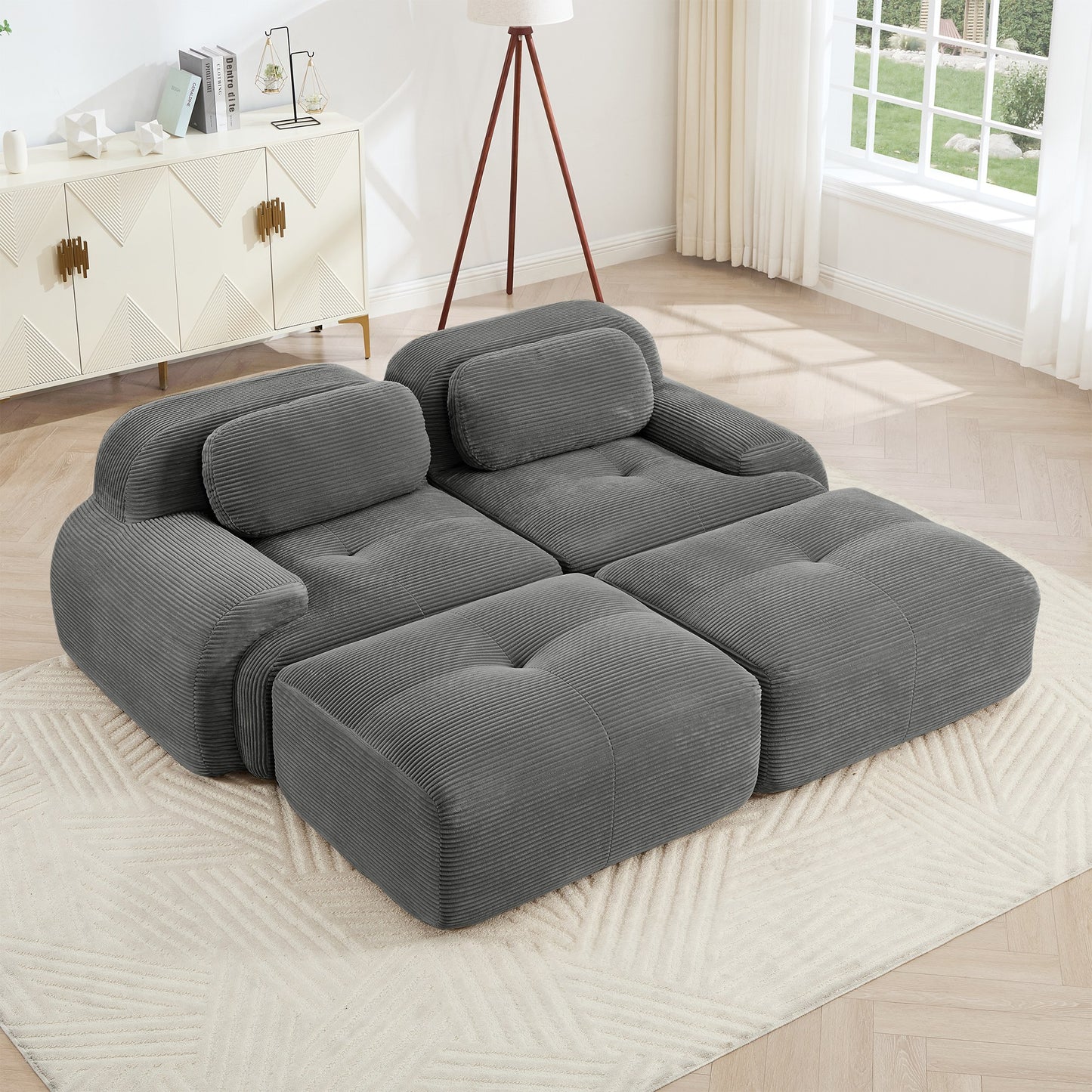 Grey corduroy boneless sectional, 2-seat with two ottomans layout, angled view in a bright living room — Grey / 2-Seat + 2 Ottomans
