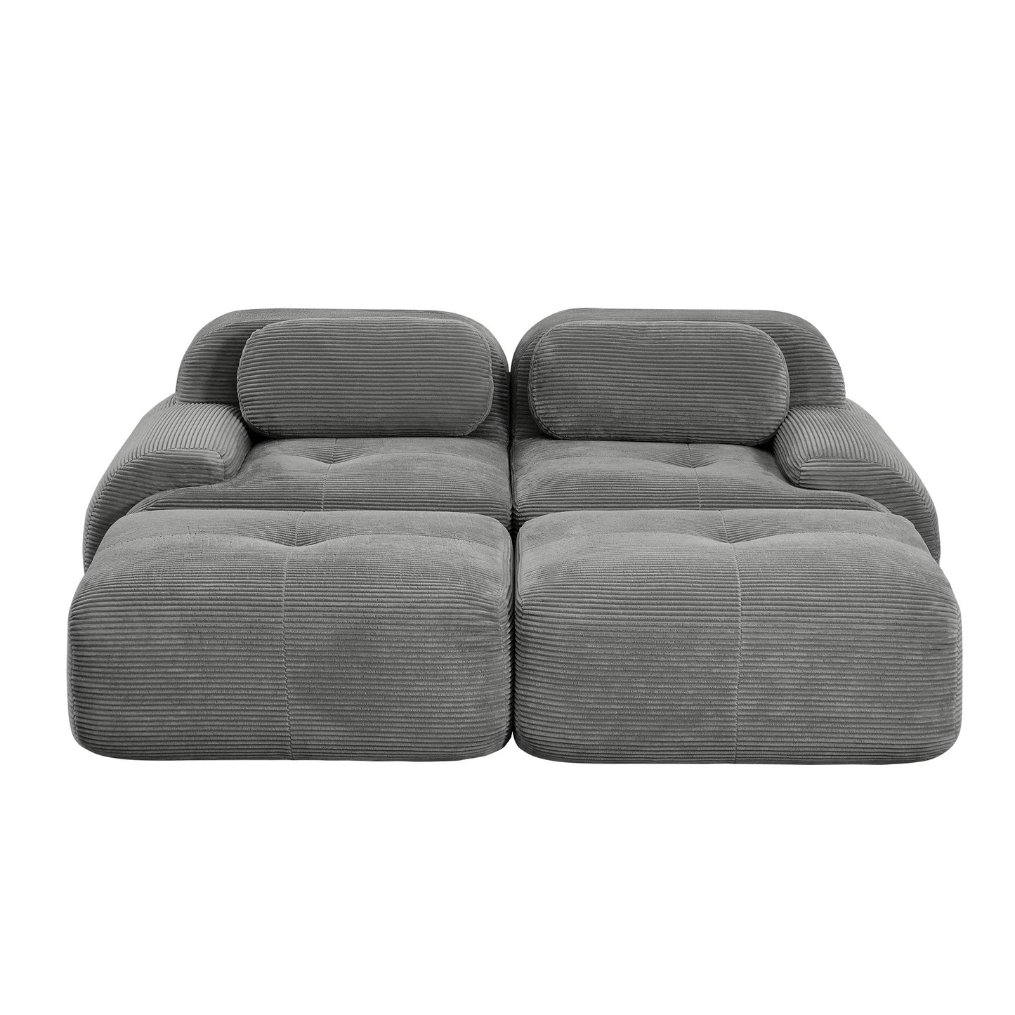 Grey corduroy boneless sectional, 2-seat with two ottomans layout, second view on a white background — Grey / 2-Seat + 2 Ottomans