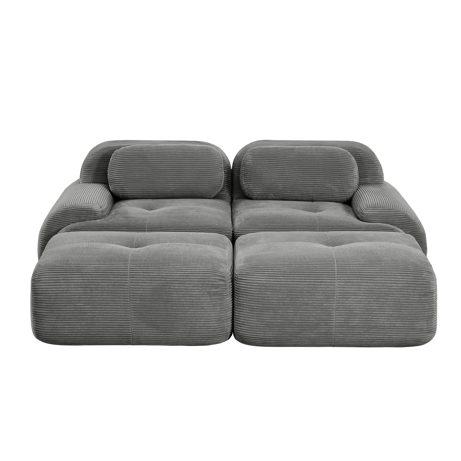 Grey corduroy boneless sectional, 2-seat with two ottomans layout, second view on a white background — Grey / 2-Seat + 2 Ottomans