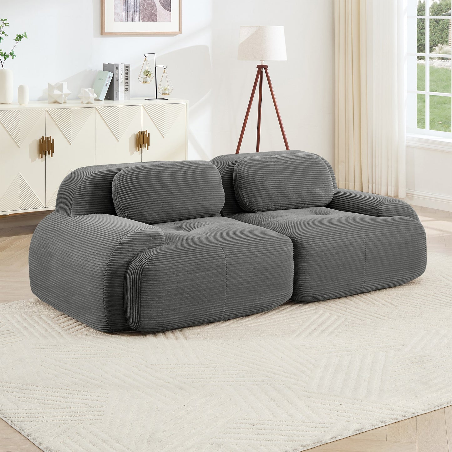 Grey corduroy boneless sectional, 2-seat layout, straight on view in a living room — Grey / 2-Seat