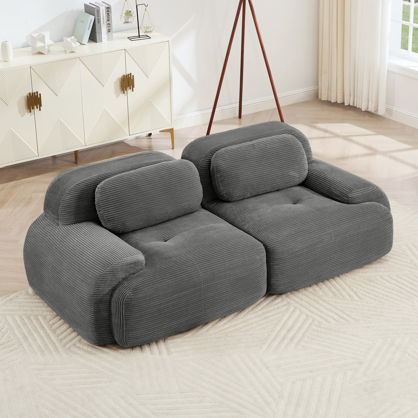 Grey corduroy boneless sectional, 2-seat layout, angled view in a bright living room — Grey / 2-Seat