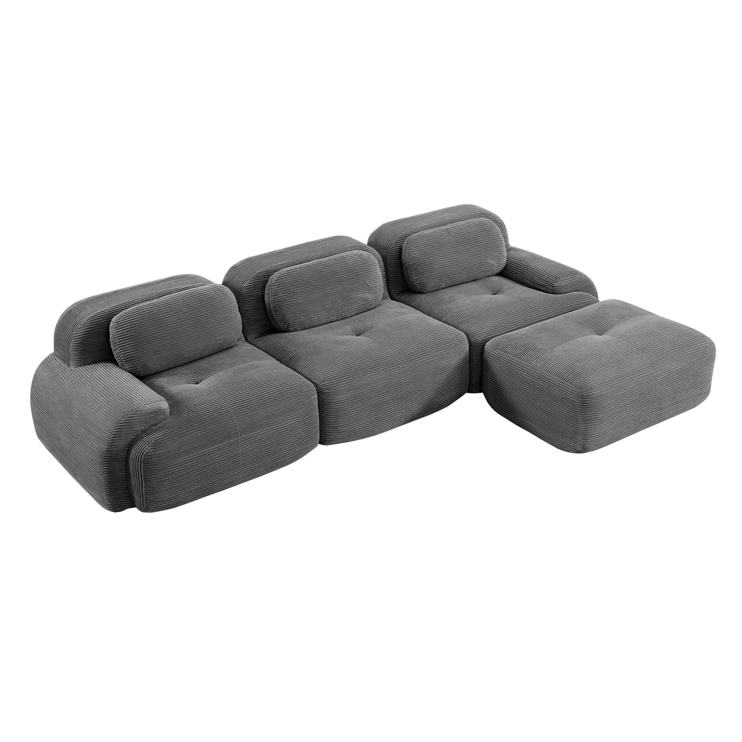 Grey corduroy boneless sectional, 3-seat with one ottoman layout, 45 degree view on a white background — Grey / 3-Seat + 1 Ottoman