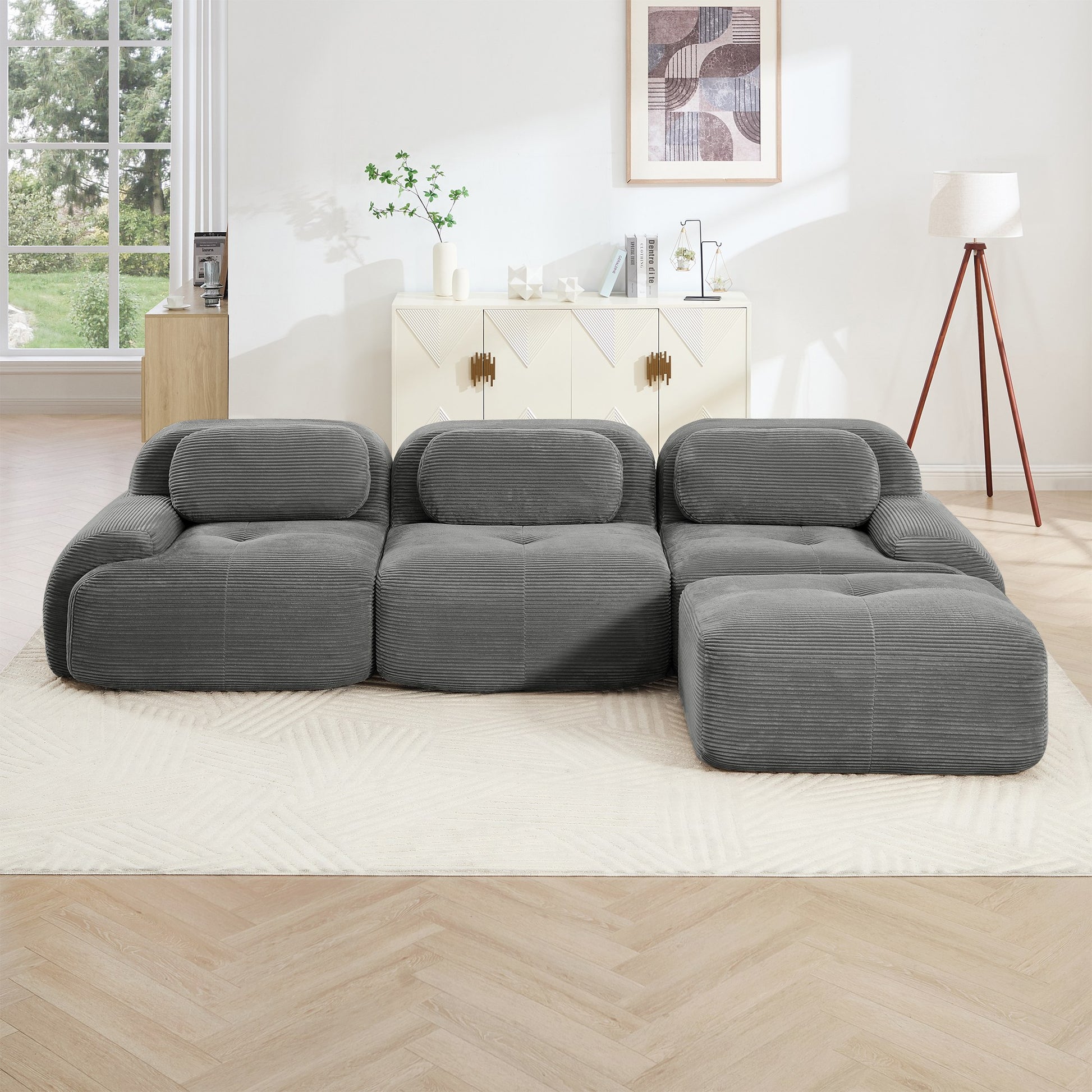 Grey corduroy boneless sectional, 3-seat with one ottoman layout, straight on view in a living room — Grey / 3-Seat + 1 Ottoman