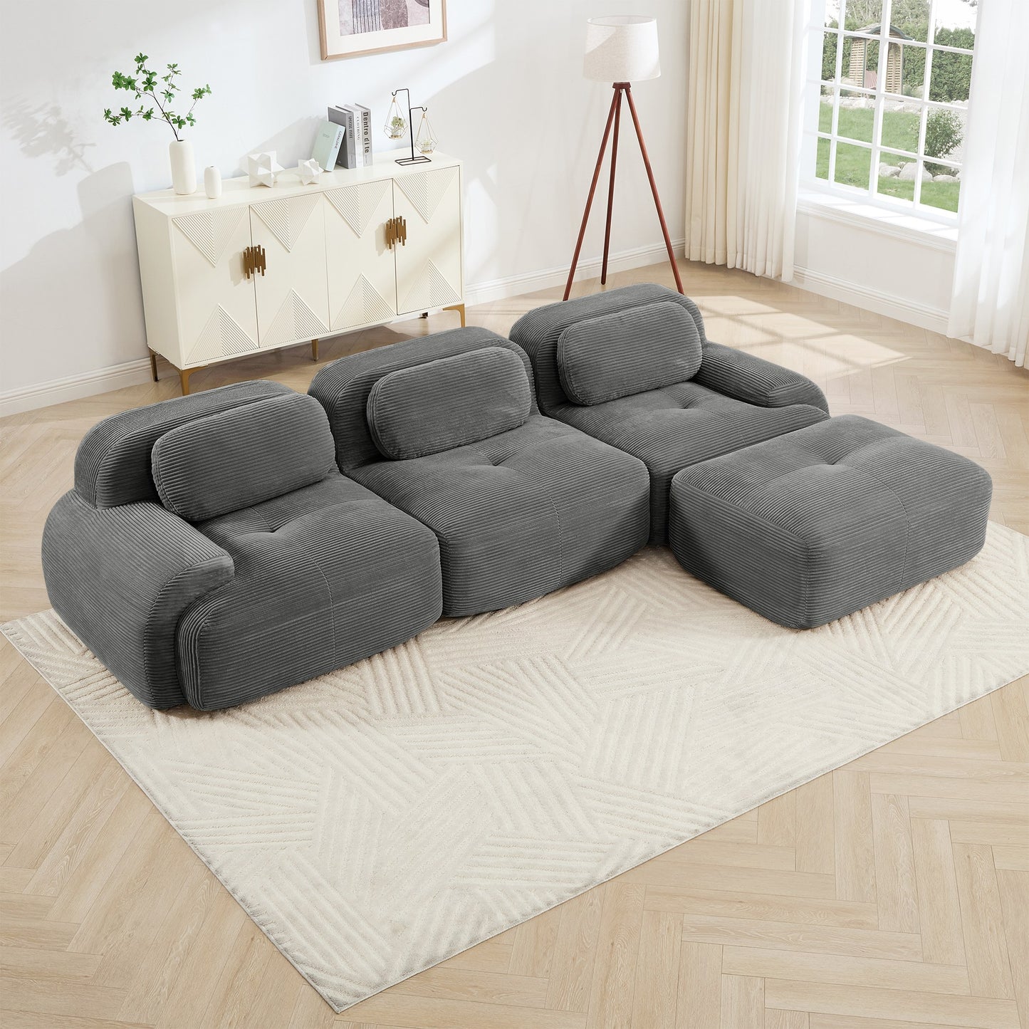 Grey corduroy boneless sectional, 3-seat with one ottoman layout, angled view in a bright living room — Grey / 3-Seat + 1 Ottoman