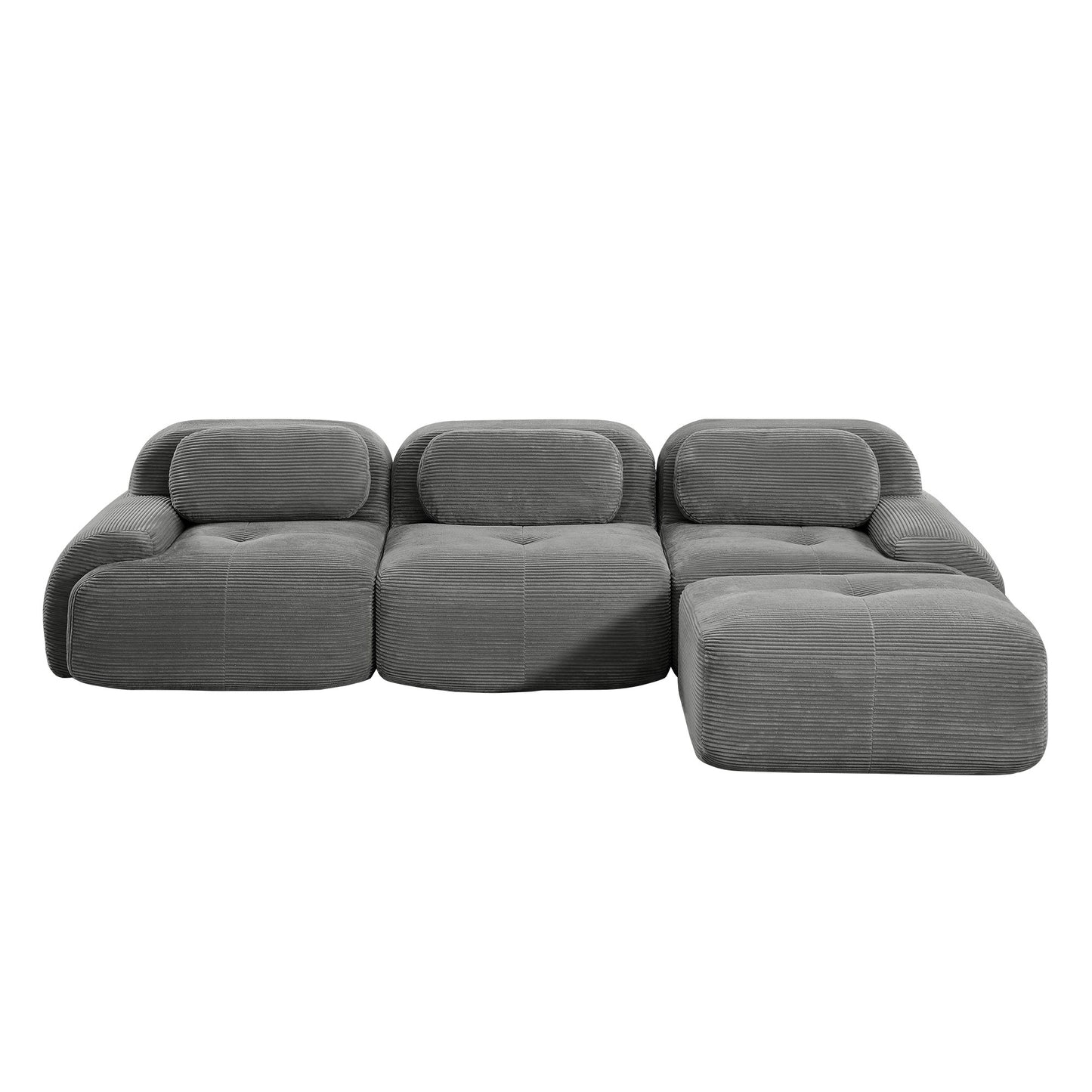 Grey corduroy boneless sectional, 3-seat with one ottoman layout, second view on a white background — Grey / 3-Seat + 1 Ottoman