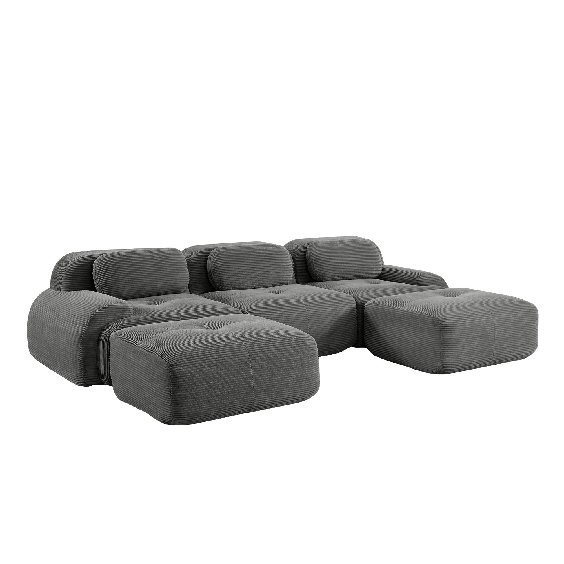 Grey corduroy boneless sectional, 3-seat with two ottomans layout, 45 degree view on a white background — Grey / 3-Seat + 2 Ottomans