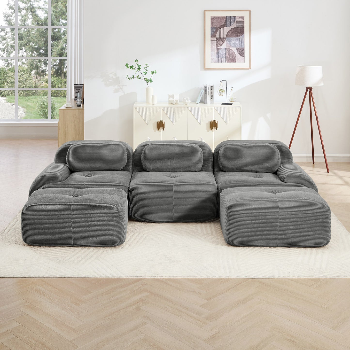 Grey corduroy boneless sectional, 3-seat with two ottomans layout, straight on view in a living room — Grey / 3-Seat + 2 Ottomans