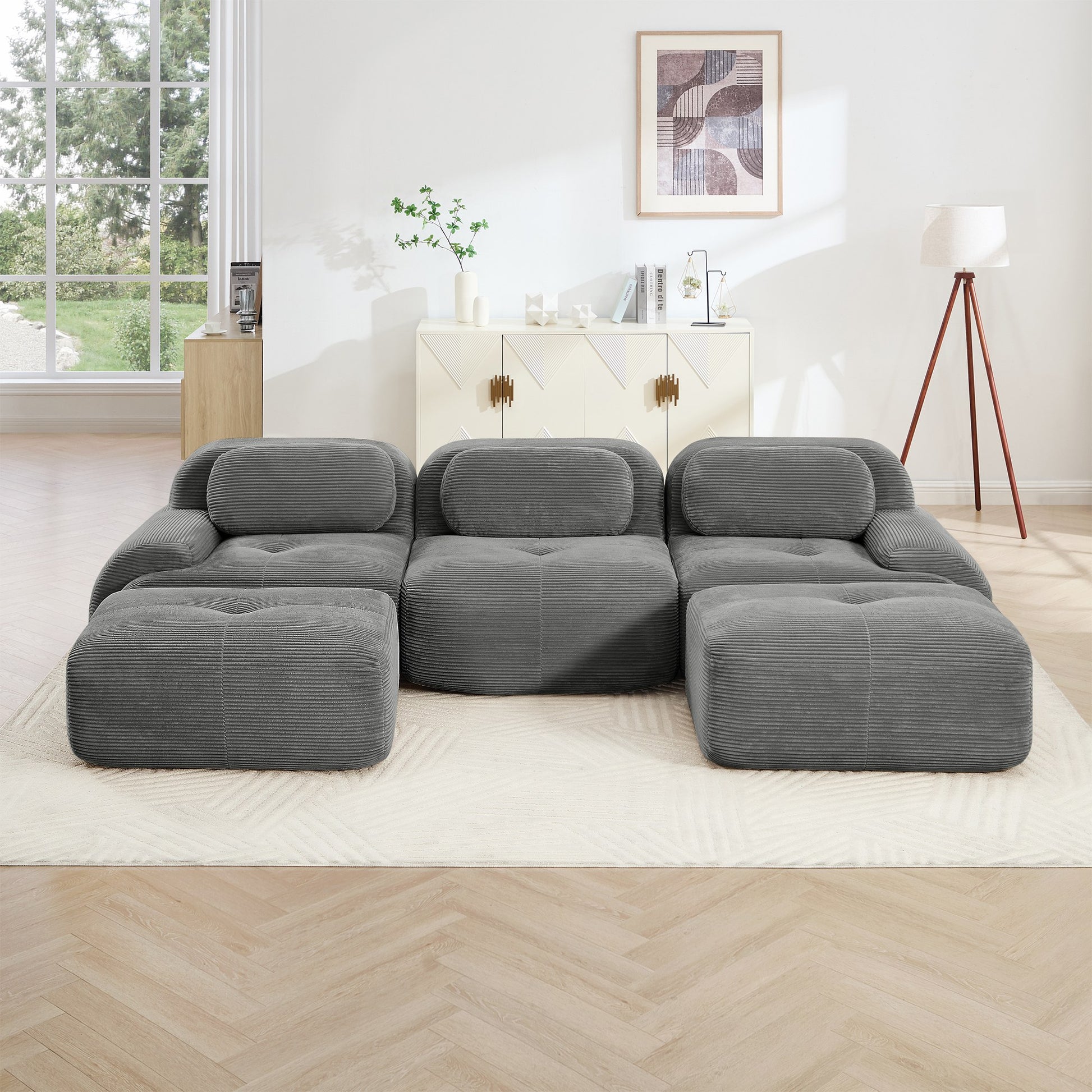 Grey corduroy boneless sectional, 3-seat with two ottomans layout, straight on view in a living room — Grey / 3-Seat + 2 Ottomans
