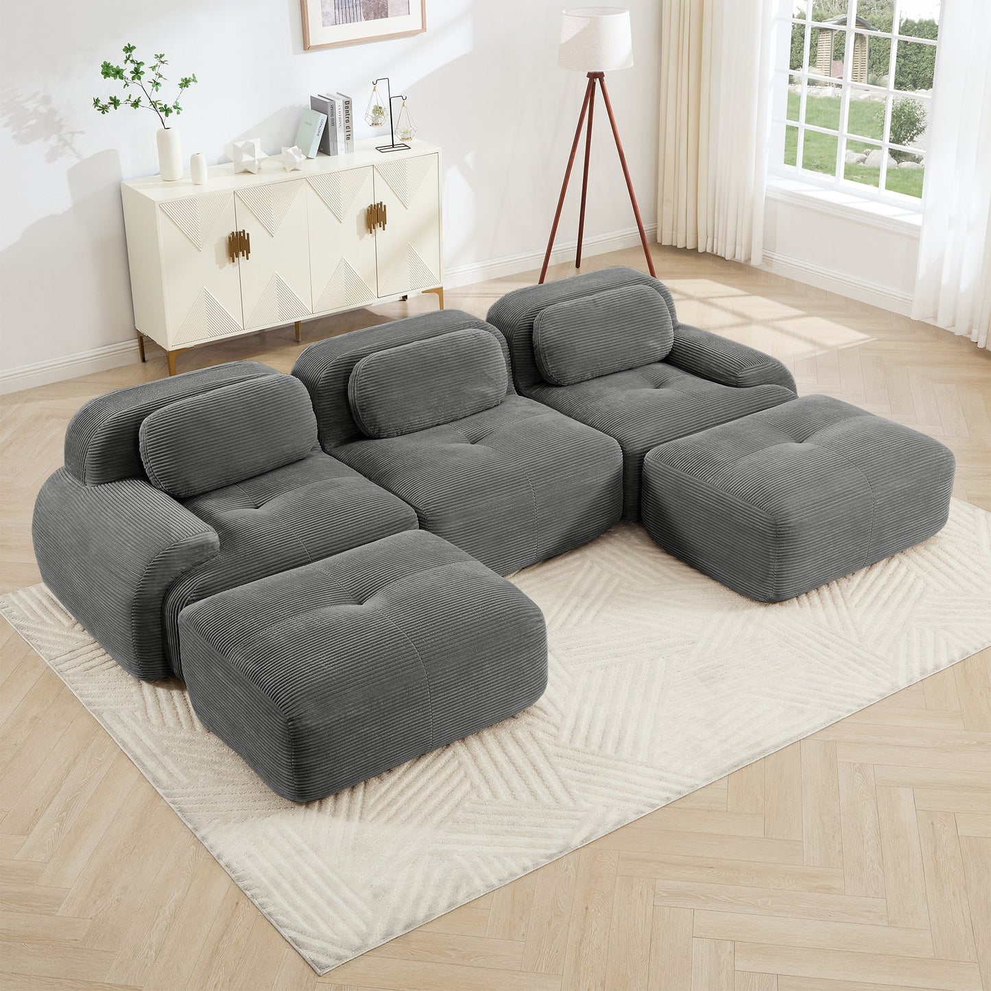 Grey corduroy boneless sectional, 3-seat with two ottomans layout, angled view in a bright living room — Grey / 3-Seat + 2 Ottomans