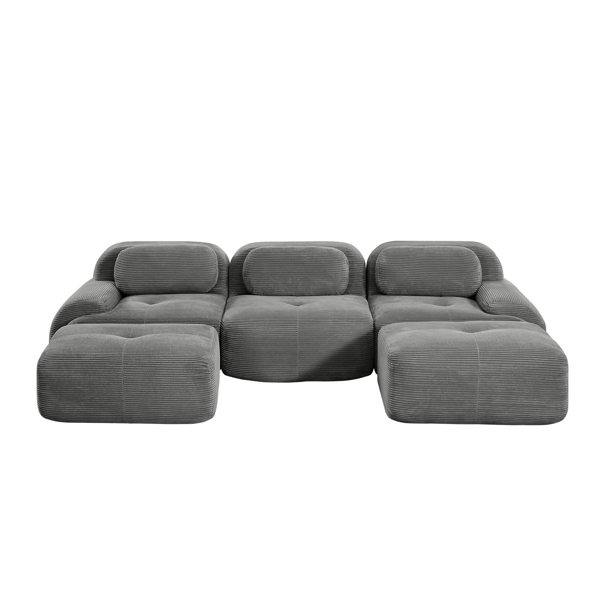 Grey corduroy boneless sectional, 3-seat with two ottomans layout, second view on a white background — Grey / 3-Seat + 2 Ottomans