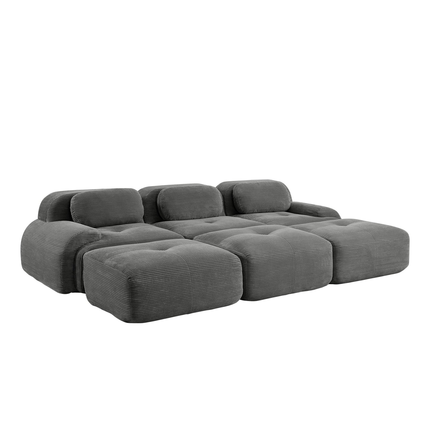 Grey corduroy boneless sectional, 3-seat with three ottomans layout, 45 degree view on a white background — Grey / 3-Seat + 3 Ottomans