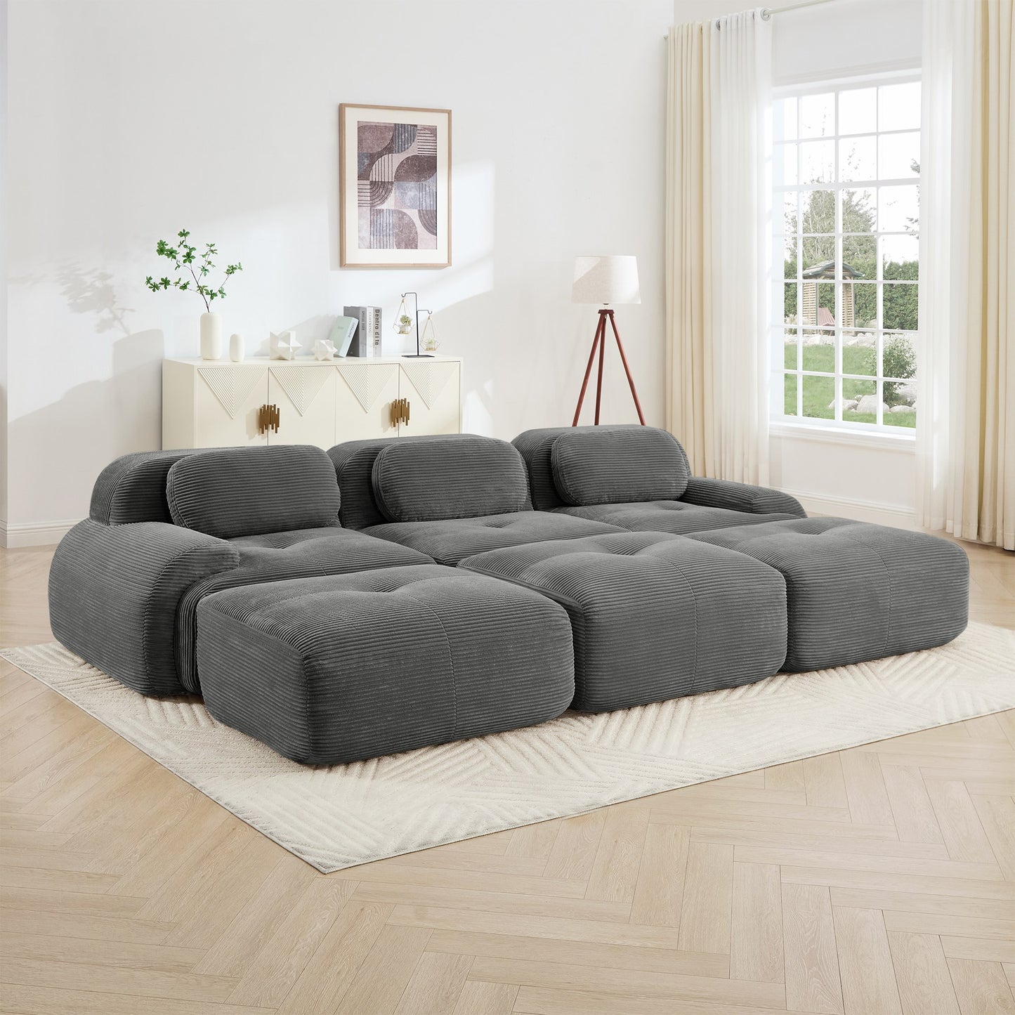 Grey corduroy boneless sectional, 3-seat with three ottomans layout, straight on view in a living room — Grey / 3-Seat + 3 Ottomans