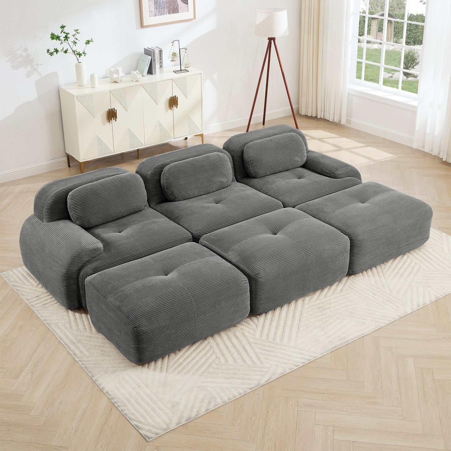 Grey corduroy boneless sectional, 3-seat with three ottomans layout, angled view in a bright living room — Grey / 3-Seat + 3 Ottomans
