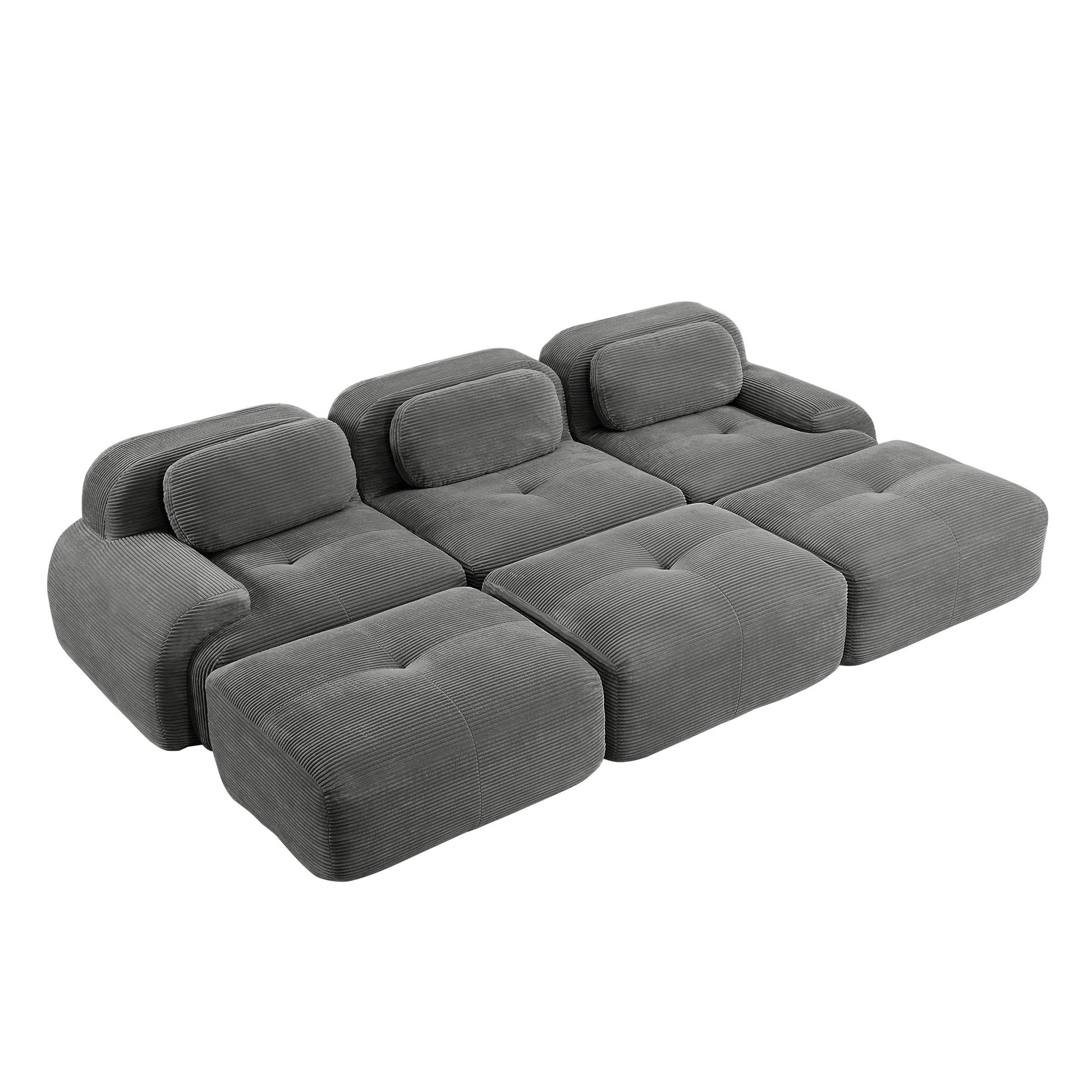Grey corduroy boneless sectional, 3-seat with three ottomans layout, second view on a white background — Grey / 3-Seat + 3 Ottomans