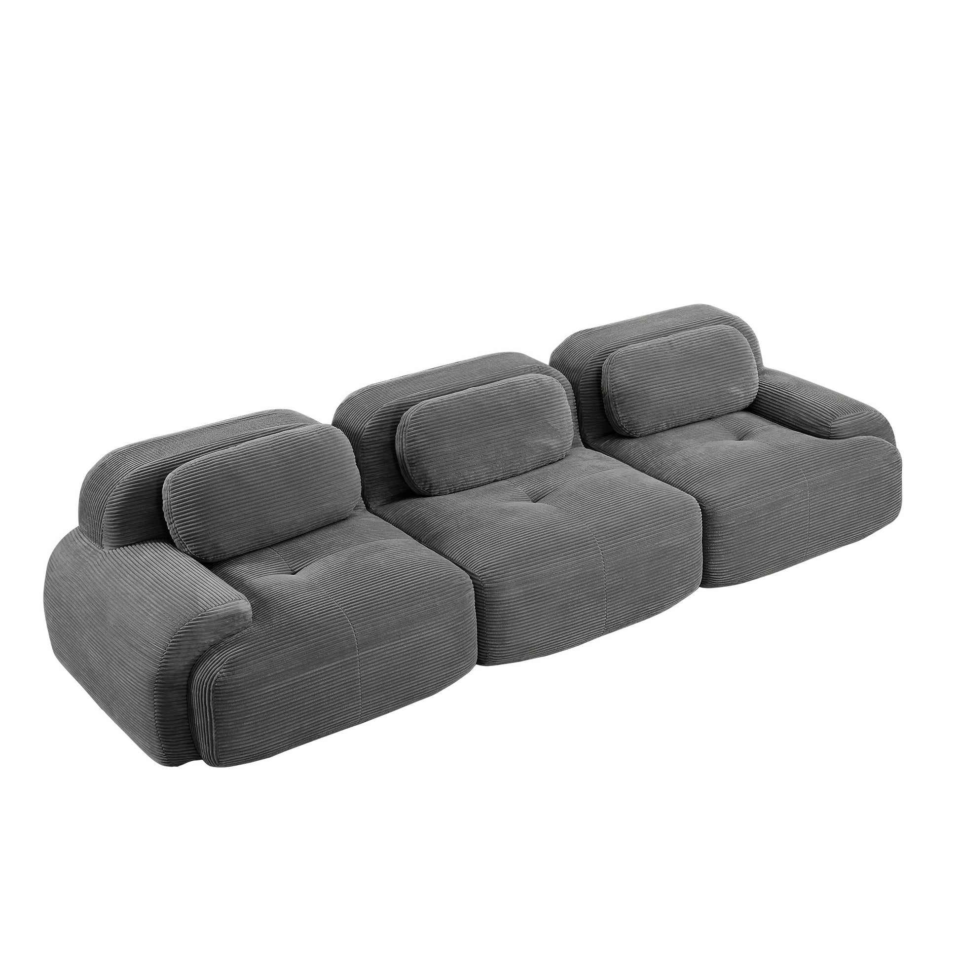 Grey corduroy boneless sectional, 3-seat layout, 45 degree view on a white background — Grey / 3-Seat