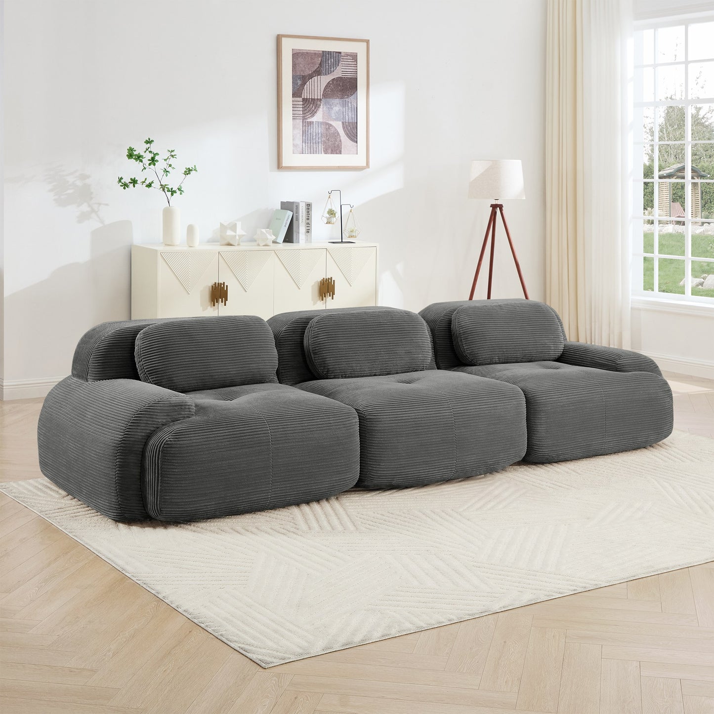 Grey corduroy boneless sectional, 3-seat layout, straight on view in a living room — Grey / 3-Seat