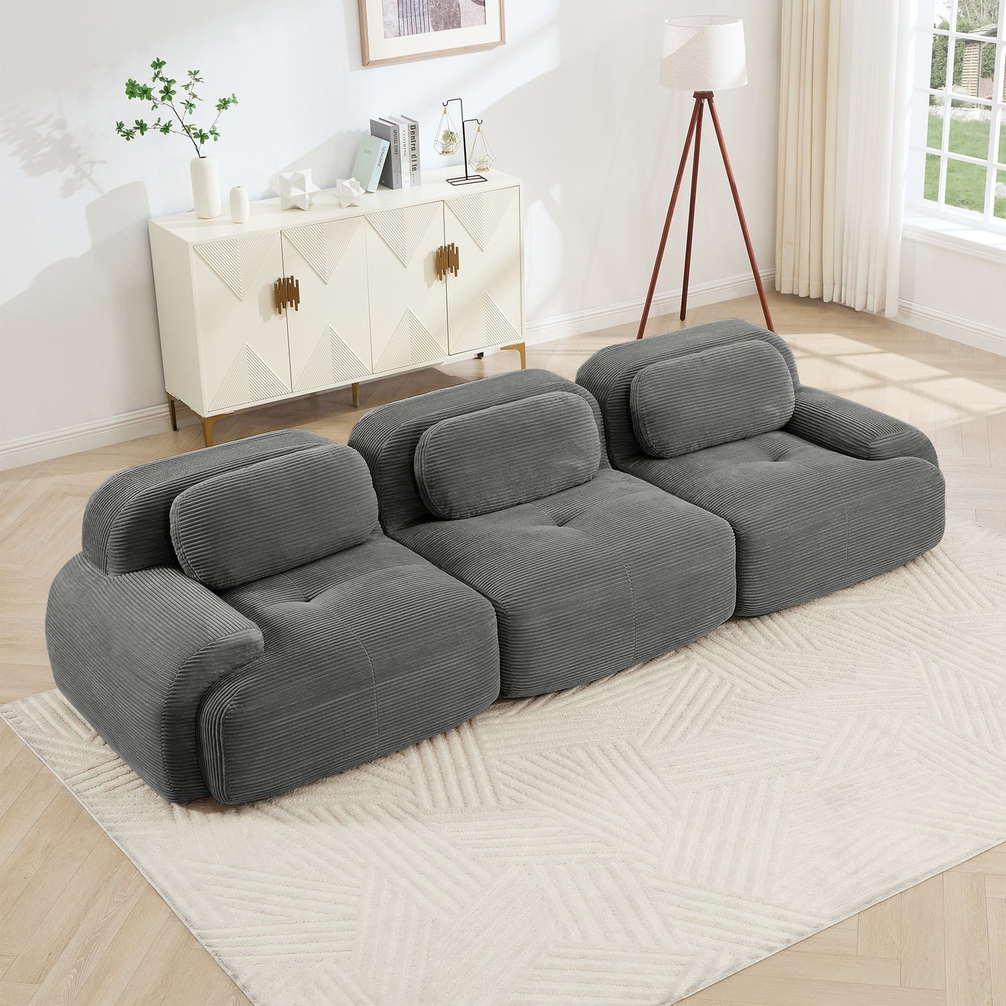 Grey corduroy boneless sectional, 3-seat layout, angled view in a bright living room — Grey / 3-Seat
