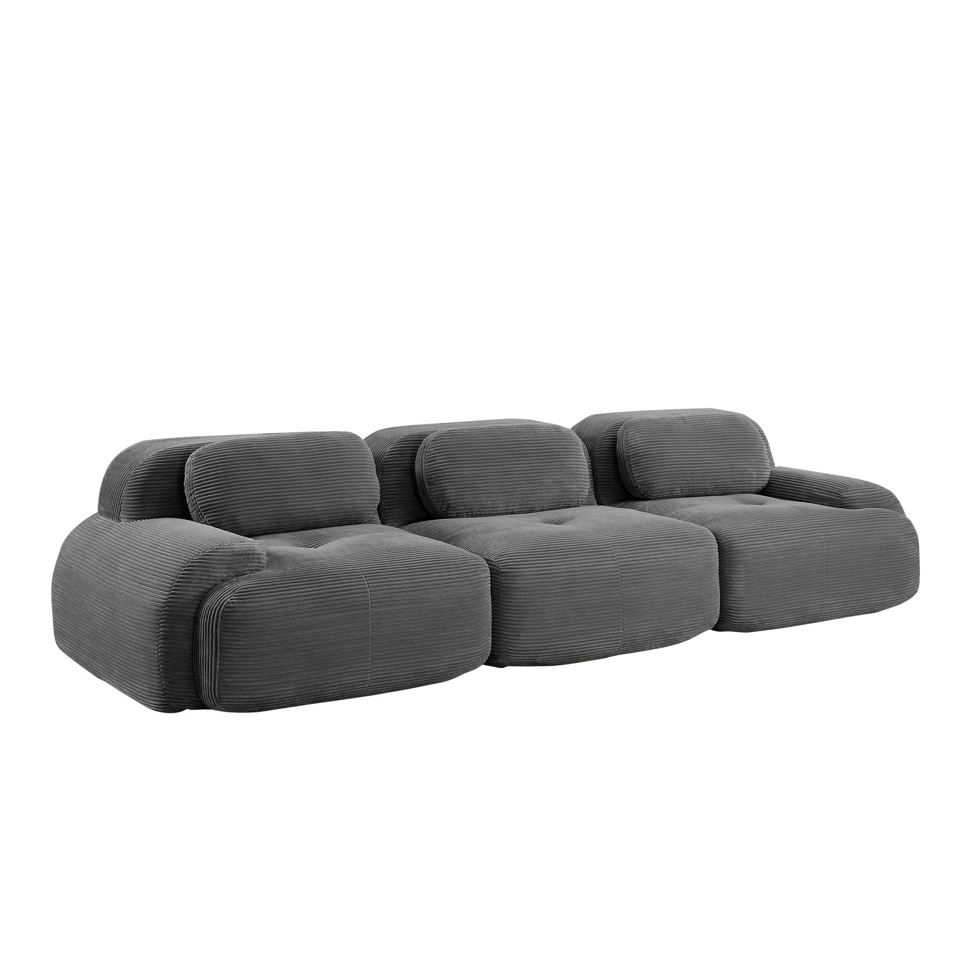 Grey corduroy boneless sectional, 3-seat layout, second view on a white background — Grey / 3-Seat