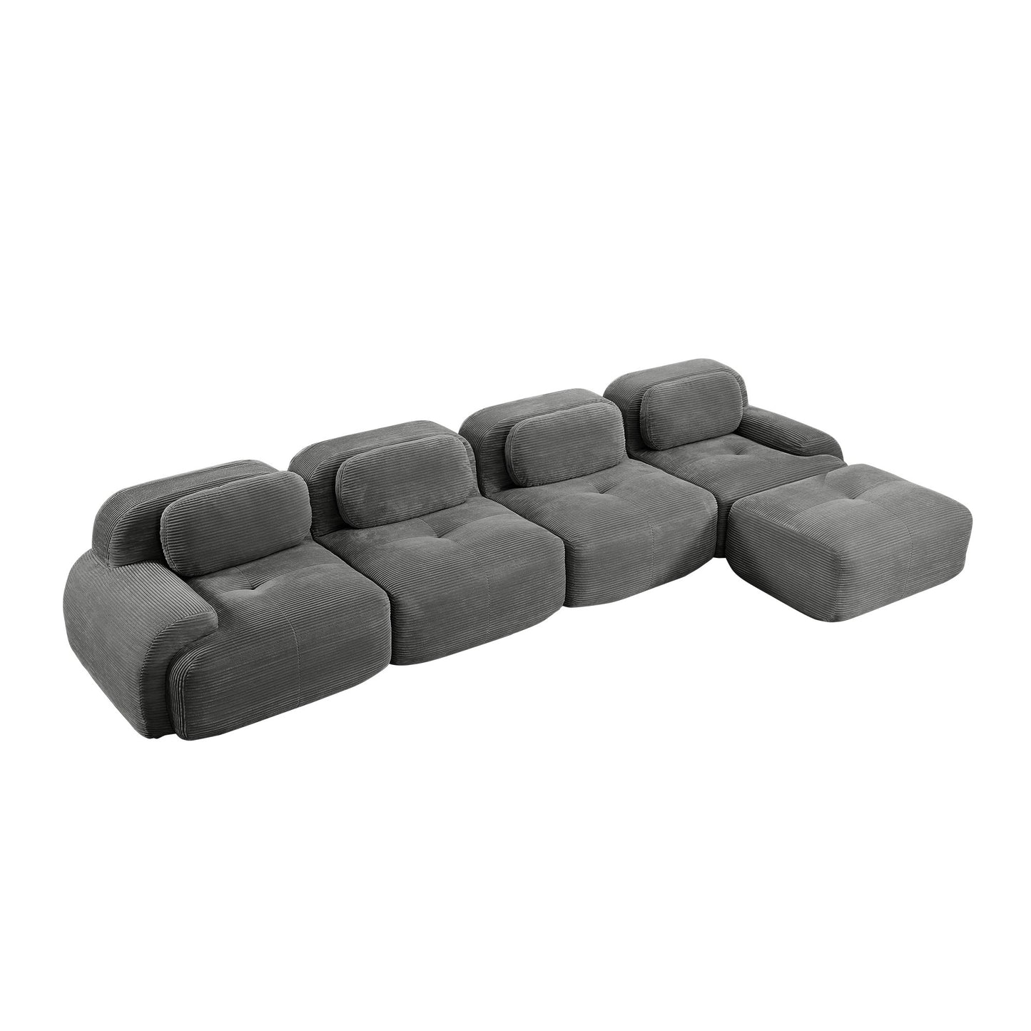 Grey corduroy boneless sectional, 4-seat with one ottoman layout, 45 degree view on a white background — Grey / 4-Seat + 1 Ottoman