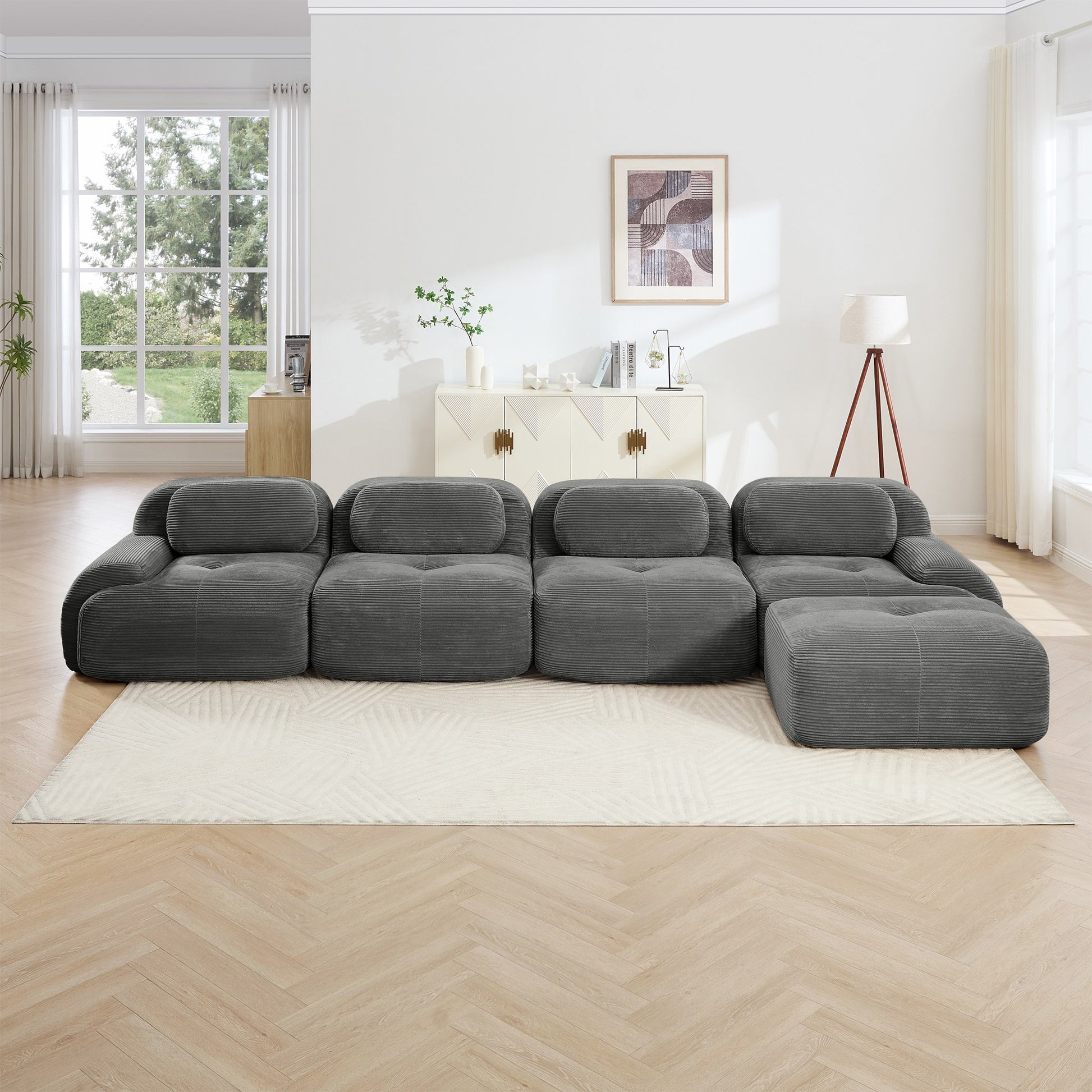 Grey corduroy boneless sectional, 4-seat with one ottoman layout, straight on view in a living room — Grey / 4-Seat + 1 Ottoman