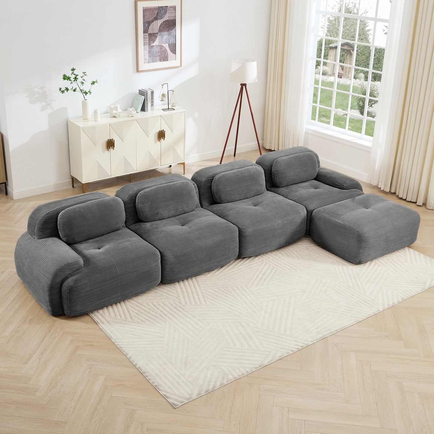 Grey corduroy boneless sectional, 4-seat with one ottoman layout, angled view in a bright living room — Grey / 4-Seat + 1 Ottoman
